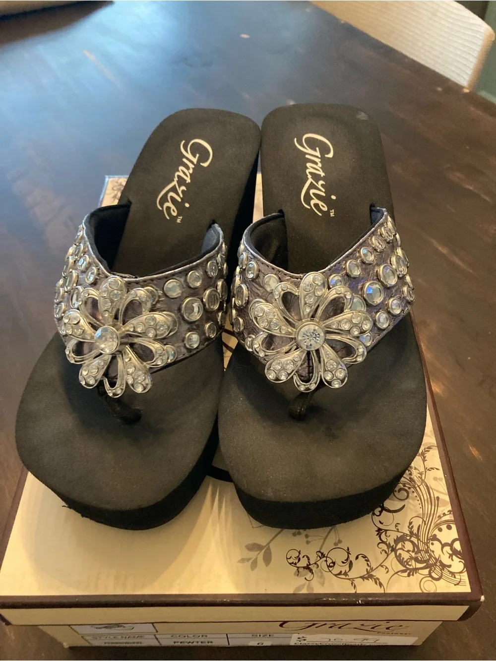 Grazie Pewter Wedge flip flop with Silver Crystal Flower Accents on top and side
